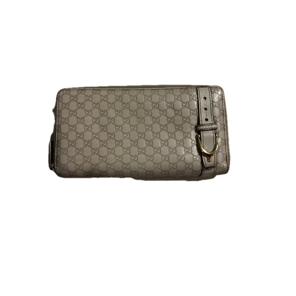 Gucci Taupe Monogram Wallet with Gold Buckle